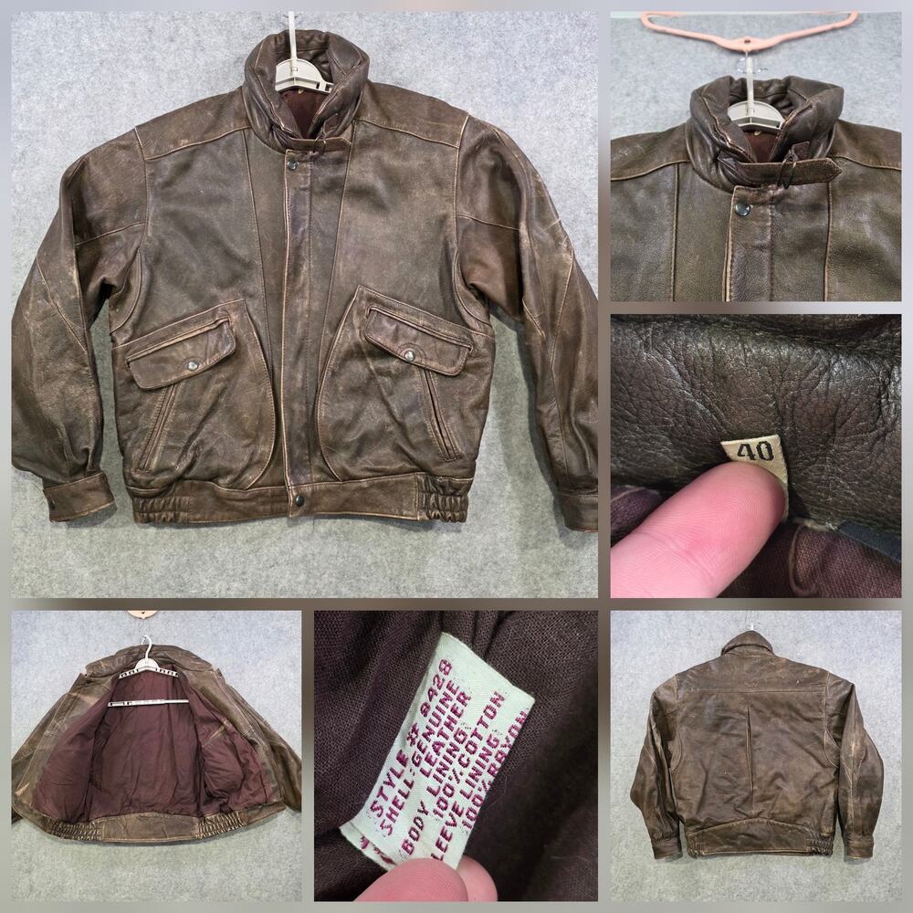 VTG Leather‎ Jacket Mens 40 Brown Patina Bomber Full Zip Lined Pockets Pilot